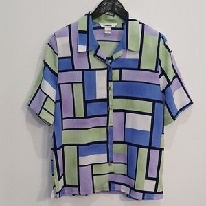 ALIA Purple Blue And Green Geo Rectangle Pattern Button Up Size 8